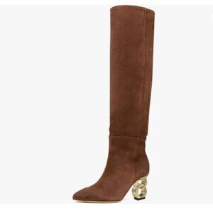 FSJ Women Pointed Toe Medium Chain Heel Knee High Boots Stretch Faux Suede Brown